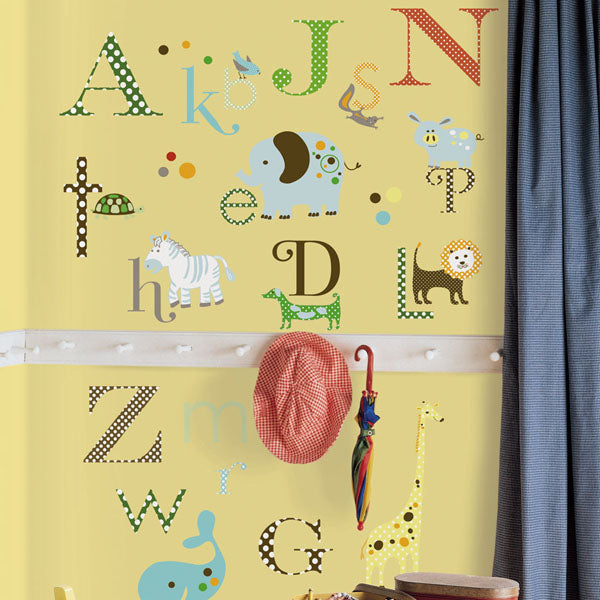Animal alphabet wall decals in a nursery