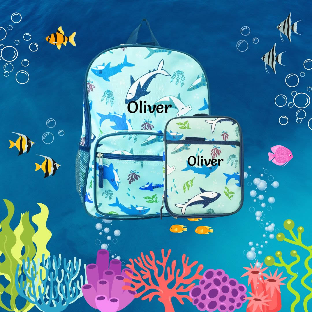 Rear view of a shark children’s backpack