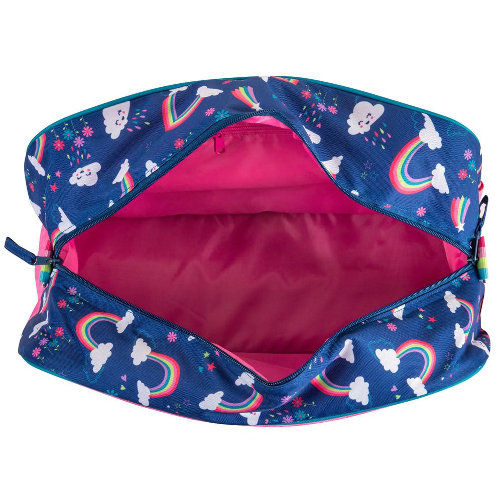 Inside of a rainbow duffle bag