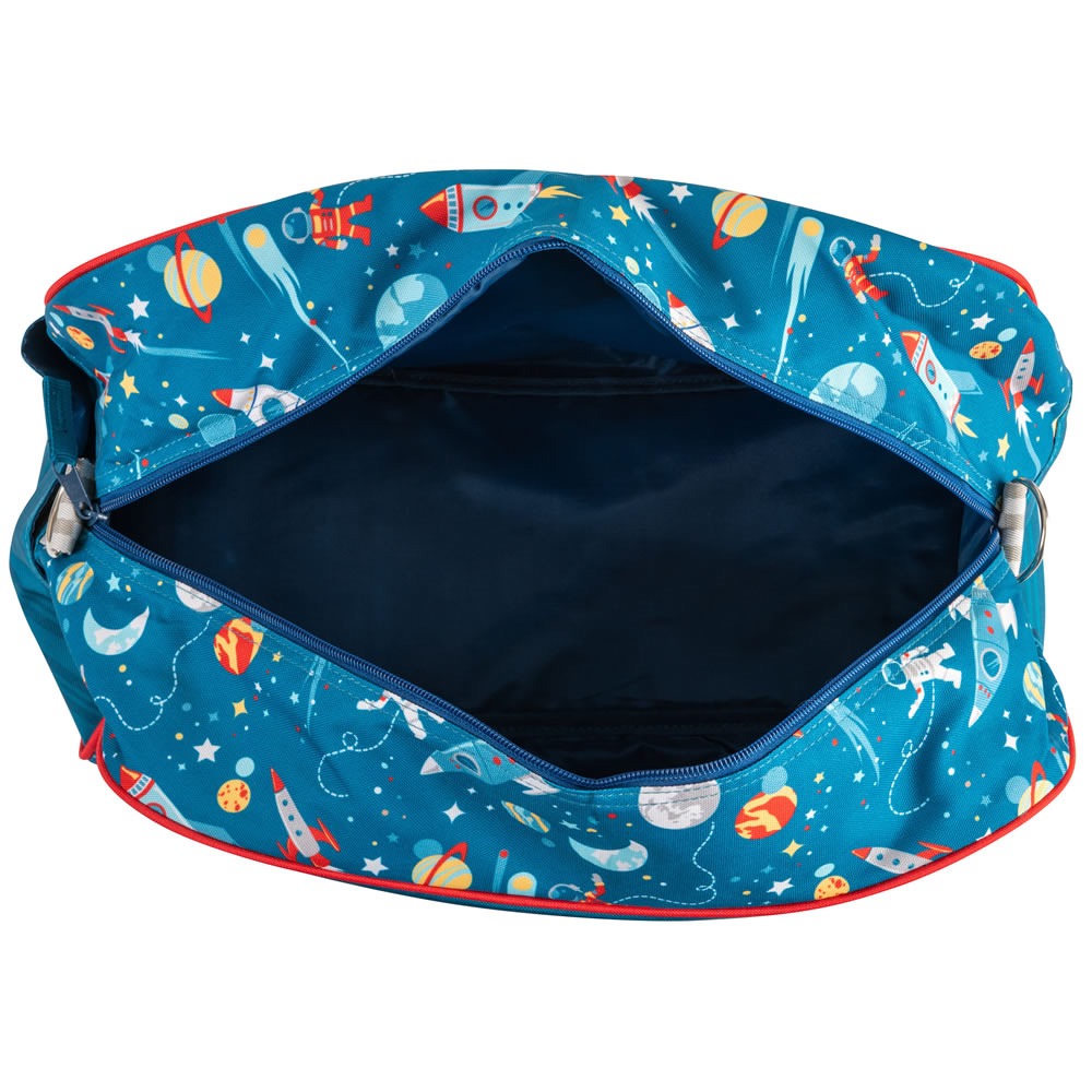 Inside of a space duffle bag for kids