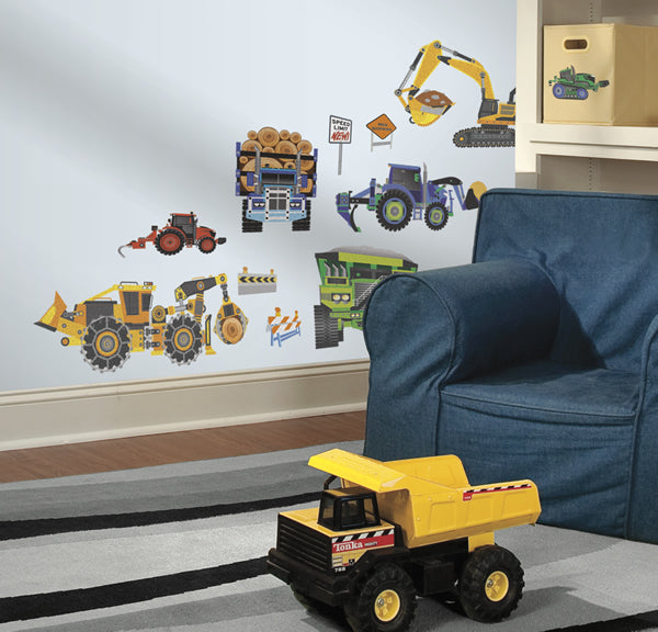 Construction vehicle wall decals in a children’s room