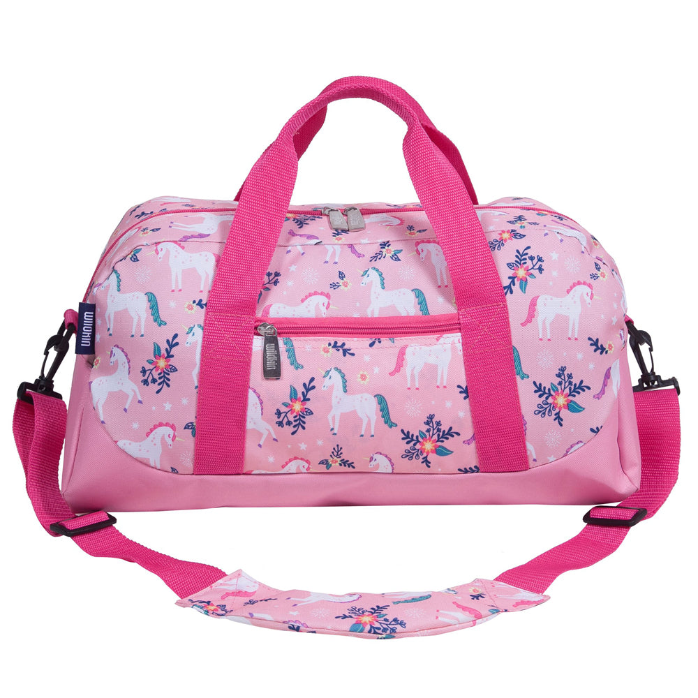 Front view of a magical unicorn duffle bag