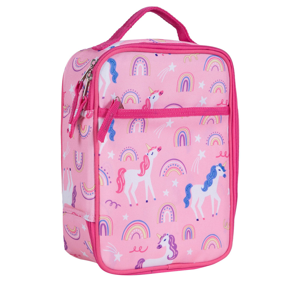 Front view of a rainbow unicorn lunch bag