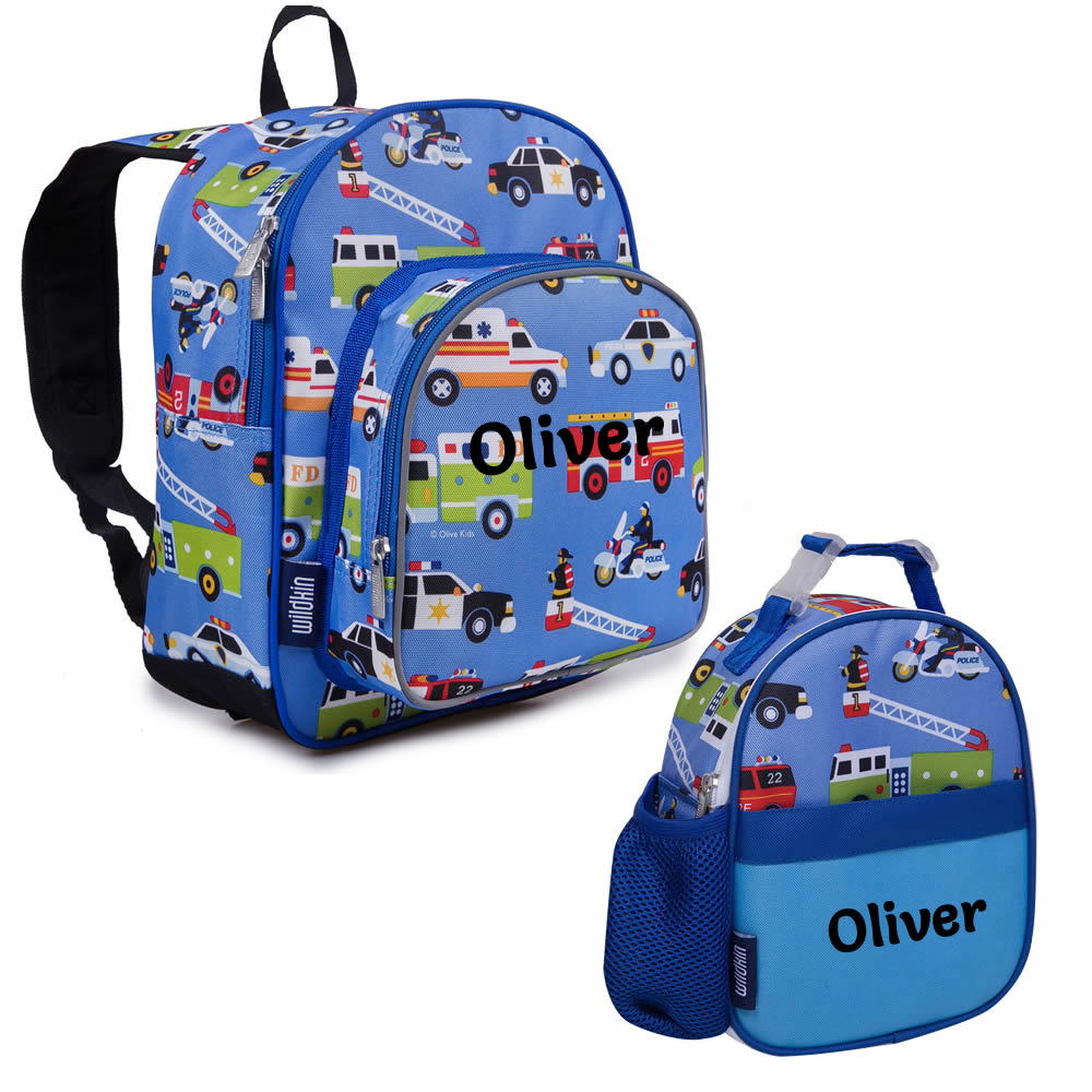Personalised action vehicles backpack and lunch box set for children