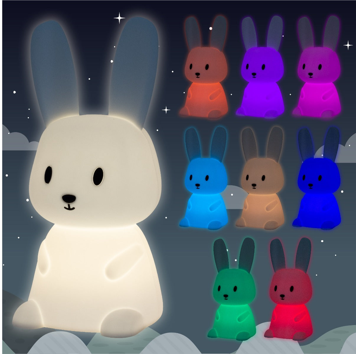 White rabbit-shaped night light with colorful options on a starry night background