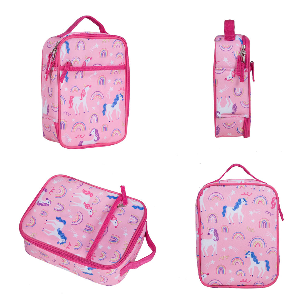 Side view of a rainbow unicorn lunch bag
